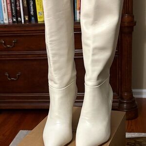 Larroude Cream Knee-High Pointed Toe Heeled Boots
